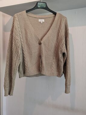 Lucky Brand Cozy V-Neck Cable Knit Cardigan - Neutral Beige